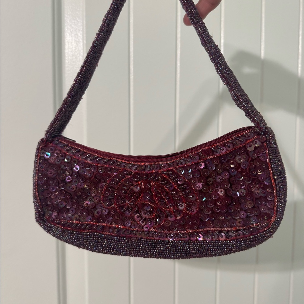 Vintage Y2K Burgandy Beaded & Sequined Hand Bag Made in India By Purva Zip Top - Picture 3 of 13